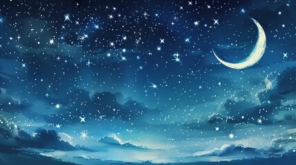 Obraz na płótnie Canvas Beautiful night sky with moon and stars over dark landscape