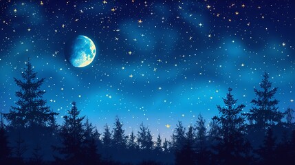 Beautiful night sky with moon and stars over dark landscape - obrazy, fototapety, plakaty