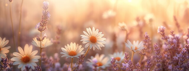 The warm light of a setting sun bathes a field of lavender and daisies in a soft, golden glow.