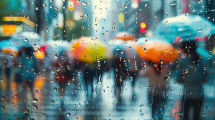 Raindrops and blured crowd of people with umbrellas in the city street. Rain in the city with bokeh lights. Abstract urban background.