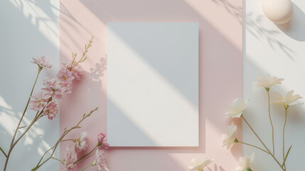 White Invitation Card  For Easter. White blank paper, eggs and floral twigs. Boho Style Mockup On pink pastel Background.