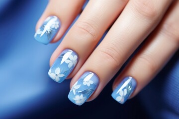 
Beautiful and stylish manicure with design. Blue manicure with painted flowers. Lines, ombre, sequins. Vertical photo