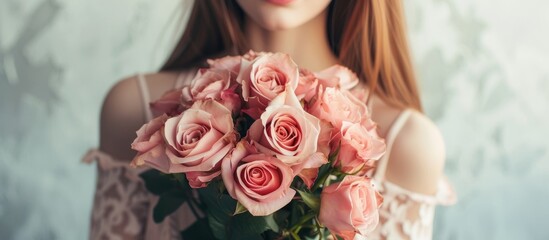 Elegant woman posing with a stunning bouquet of delicate pink roses in a romantic setting