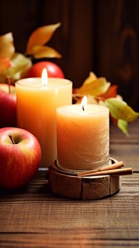 Vertical photo of orange candles and apples on the background, autumn