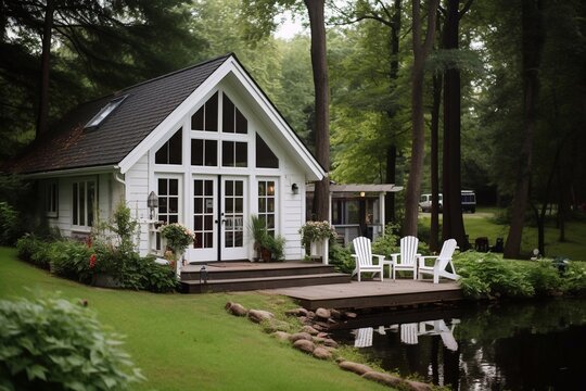 Cozy small wooden house on the lake, with a beautiful view, forest, sun loungers