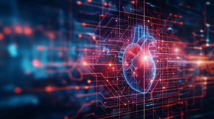 Heartbeat line transforming into a digital AI code, AI role in real-time patient monitoring and heart health management. Advanced AI technology for cardiac care - obrazy, fototapety, plakaty