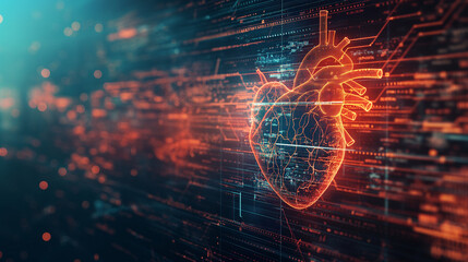 Heartbeat line transforming into a digital AI code, AI role in real-time patient monitoring and heart health management. Advanced AI technology for cardiac care