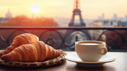 Croissant and cup of coffee table in a cafe, blurred silhouette of the Eiffel Tower