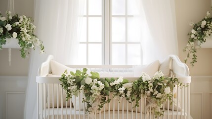 A charming and serene nursery features a white baby crib adorned with delicate hanging flowers and greenery, creating a whimsical atmosphere..
 - obrazy, fototapety, plakaty