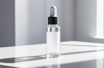 Glass dropper bottle with a pippette with rubber tip on the beautiful background. Nature Skin concept. Organic Spa Cosmetics. Eco friendly care organic Cosmetic product. Beauty treatment. Spa Concept.