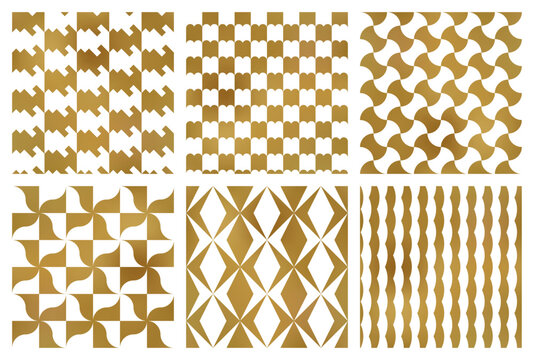 Vector seamless patterns set of different golden abstract geometric ornaments. Modern patterned tiles design. Samples of trending print on textile.