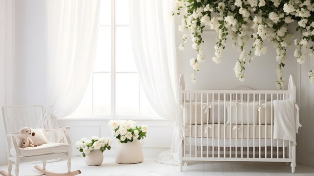 A charming and serene nursery features a white baby crib adorned with delicate hanging flowers and greenery, creating a whimsical atmosphere..
