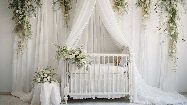 A charming and serene nursery features a white baby crib adorned with delicate hanging flowers and greenery, creating a whimsical atmosphere..
