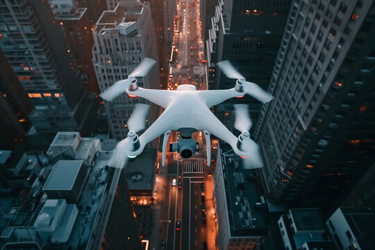 white quadcopter drone over city at night