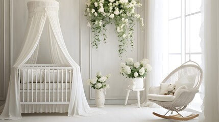 A charming and serene nursery features a white baby crib adorned with delicate hanging flowers and greenery, creating a whimsical atmosphere..
 - obrazy, fototapety, plakaty