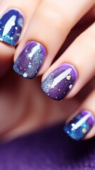 cosmic beautiful manicure with glued stars on it with sparkles, shiny