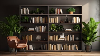 Fototapeta na wymiar A contemporary-style bookshelf adorned with plants that serves as a modern decorative element for virtual office backdrops