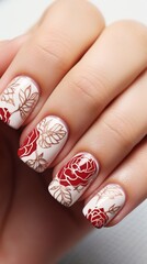 White manicure with a pattern of red roses and petals on it. Manicure with design, vertical photo.
