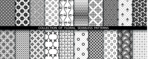 Geometric floral set of seamless patterns. White and black vector backgrounds. Damask graphic ornaments.