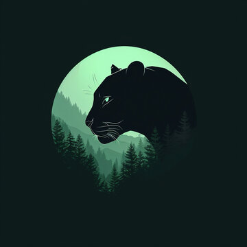 Flat illustration of a logo with the image of a panther against a forest backdrop 