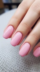 Beautiful glossy pink manicure, vertical photo, horizontal photo