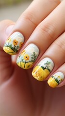 Beautiful glossy manicure with a summer design on the nails, vertical photo, drawing on the nails