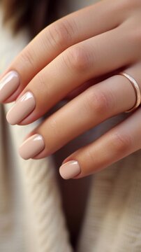 Beautiful glossy manicure in nude color, cappuccino color, light brown vertical photo, 