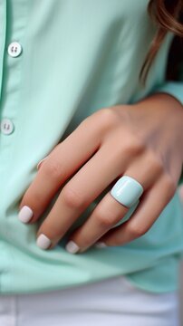 Beautiful glossy white manicure on a turquoise background, vertical photo