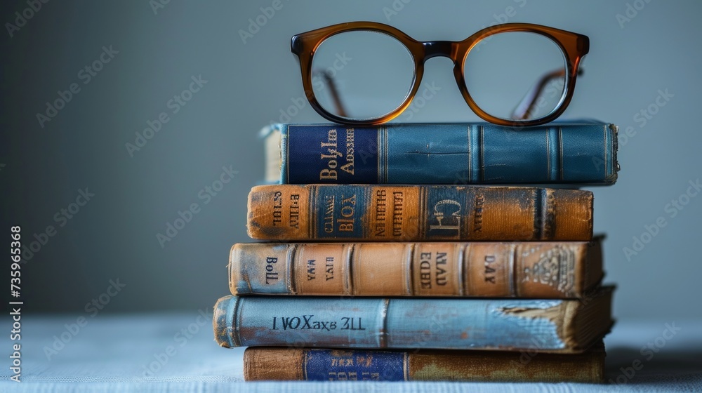 Poster stack of books on a white background. glasses on top book. idea for world book day. holder with empt