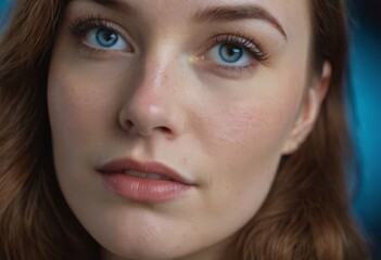 Close-up macro portrait of a female face. A woman with open blue eyes and daytime cosmetic makeup. A girl with perfect skin and freckles.