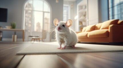 Mouse or cute rat in a bright apartment. Live room on blurred background - obrazy, fototapety, plakaty