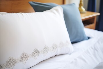 detailed shot of lacetrimmed pillow shams on a plush bed