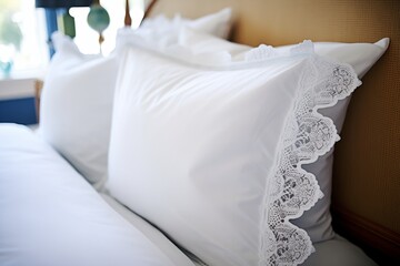 detailed shot of lacetrimmed pillow shams on a plush bed
