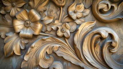 Intricate Floral Wood Carving Detail in Golden Tones