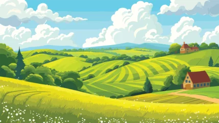 Schilderijen op glas Sunny rural landscape with hills and fields. Vector. © Vector