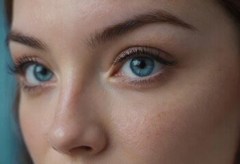 Close-up macro portrait of a female face. A woman with open blue eyes and daytime cosmetic makeup. A girl with perfect skin and freckles.