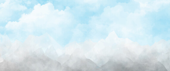 Abstract summer landscape vector watercolor background with blue sky, white clouds and mountains. Watercolor illustration for interior, flyers, poster, cover, banner. Modern hand draw painting.