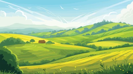 Poster Sunny rural landscape with hills and fields. Vector. © Vector