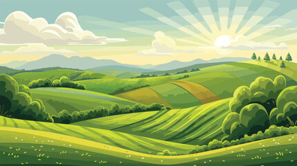 Sunny rural landscape with hills and fields. Vector.