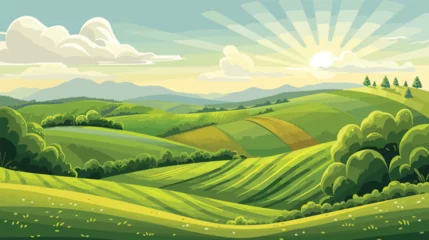 Gardinen Sunny rural landscape with hills and fields. Vector. © Vector