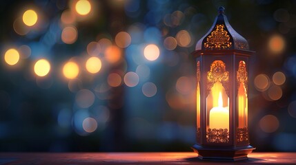 Vintage Ramadan lantern illuminating the night sky with stars and blurred background with copy space