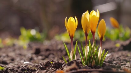 Yellow crocus flowers emerging from soil in early spring.