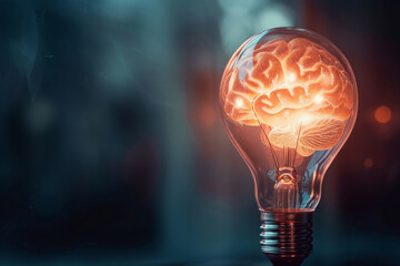 Human brain glowing inside of light bulb on dark background. Light Of Brainstorm. golden brain glowing inside light bulb. Creative Idea Concept