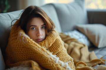 Young woman wrapped in a cozy blanket sitting on a sofa in living room, trying to warm up in the cold apartment. Beautiful girl feeling sick. Flu season.