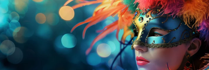 Photo sur Plexiglas Carnaval Beautiful young woman with creative make-up wearing multicolored carnival mask with feathers. Girl wearing costume celebrating carnival. Bokeh lights in background.