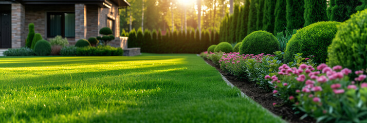 Perfect manicured lawn and flowerbed with shrubs in sunshine, on a backdrop of residential house backyard. - obrazy, fototapety, plakaty