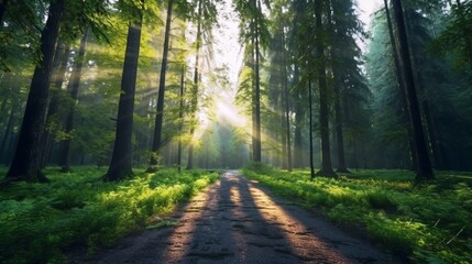 Fototapeta premium Beautiful sunrise in green forest Ai Generative