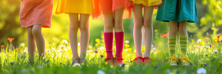 Legs of five children dressed in colorful clothes, on sunny flowering meadow on summer day.