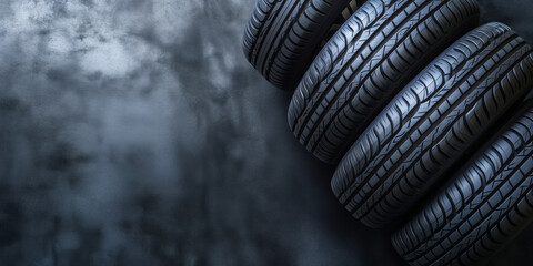 Car tires in a stack, on solid background, with copy space.