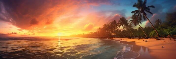 Amazing sunset on a sandy beach with palm trees in the background.